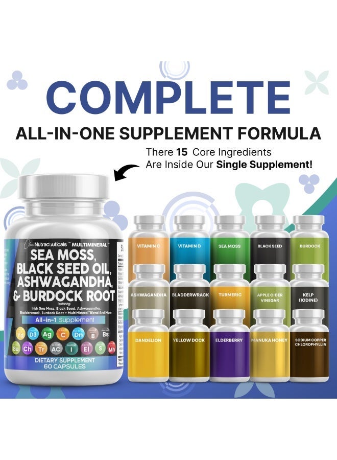 Clean Nutraceuticals Sea Moss Black Seed Oil Ashwagandha Turmeric Bladderwrack Burdock & Vitamin C Vitamin D3 with Elderberry Manuka Dandelion Yellow Dock Iodine Chlorophyll ACV - Image 2